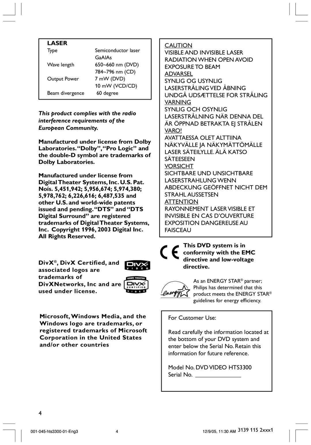 Philips HTS3300/51 user manual For Customer Use, Model No. DVD Video HTS3300 Serial No 