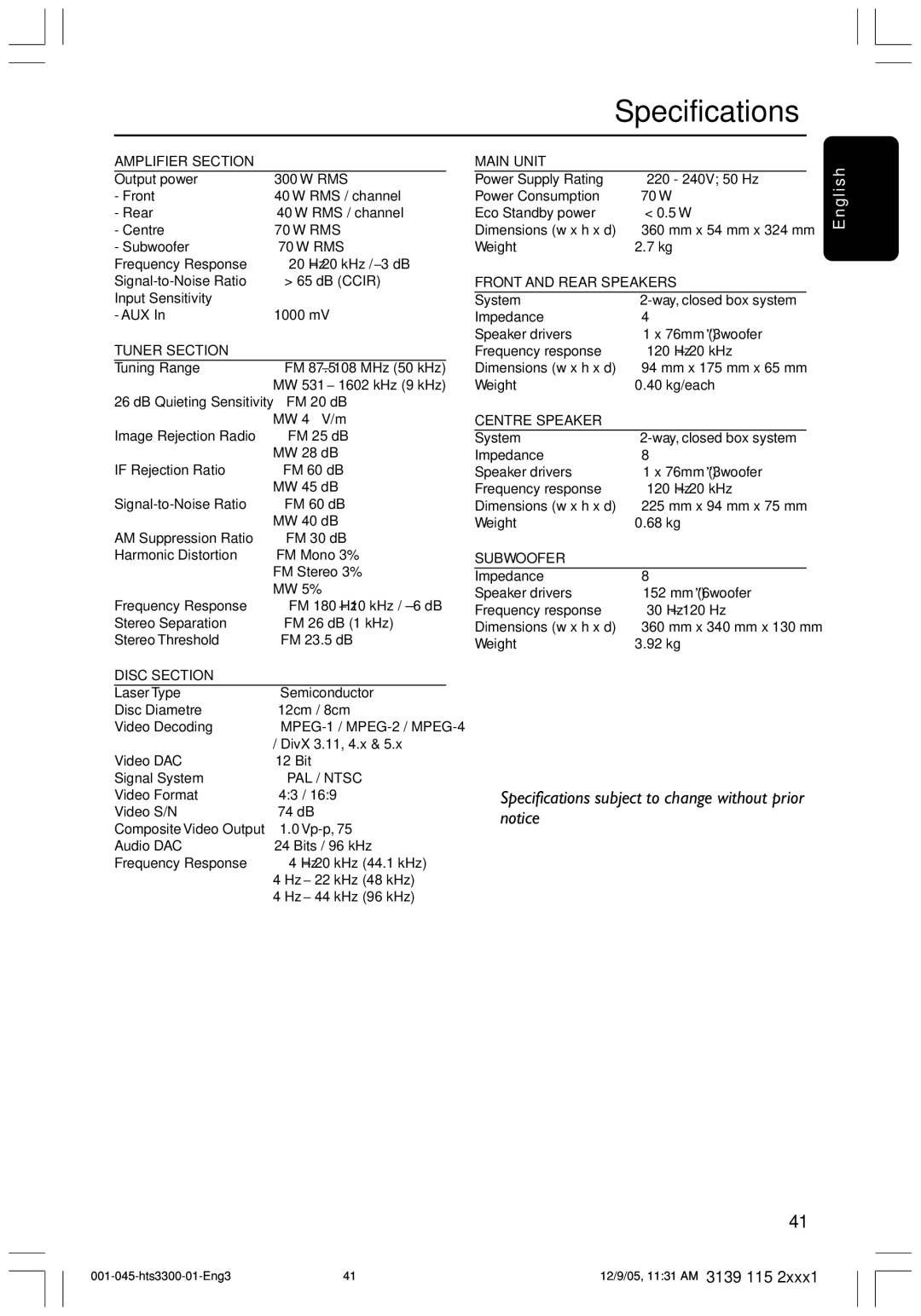 Philips HTS3300/51 user manual Specifications, Amplifier Section 