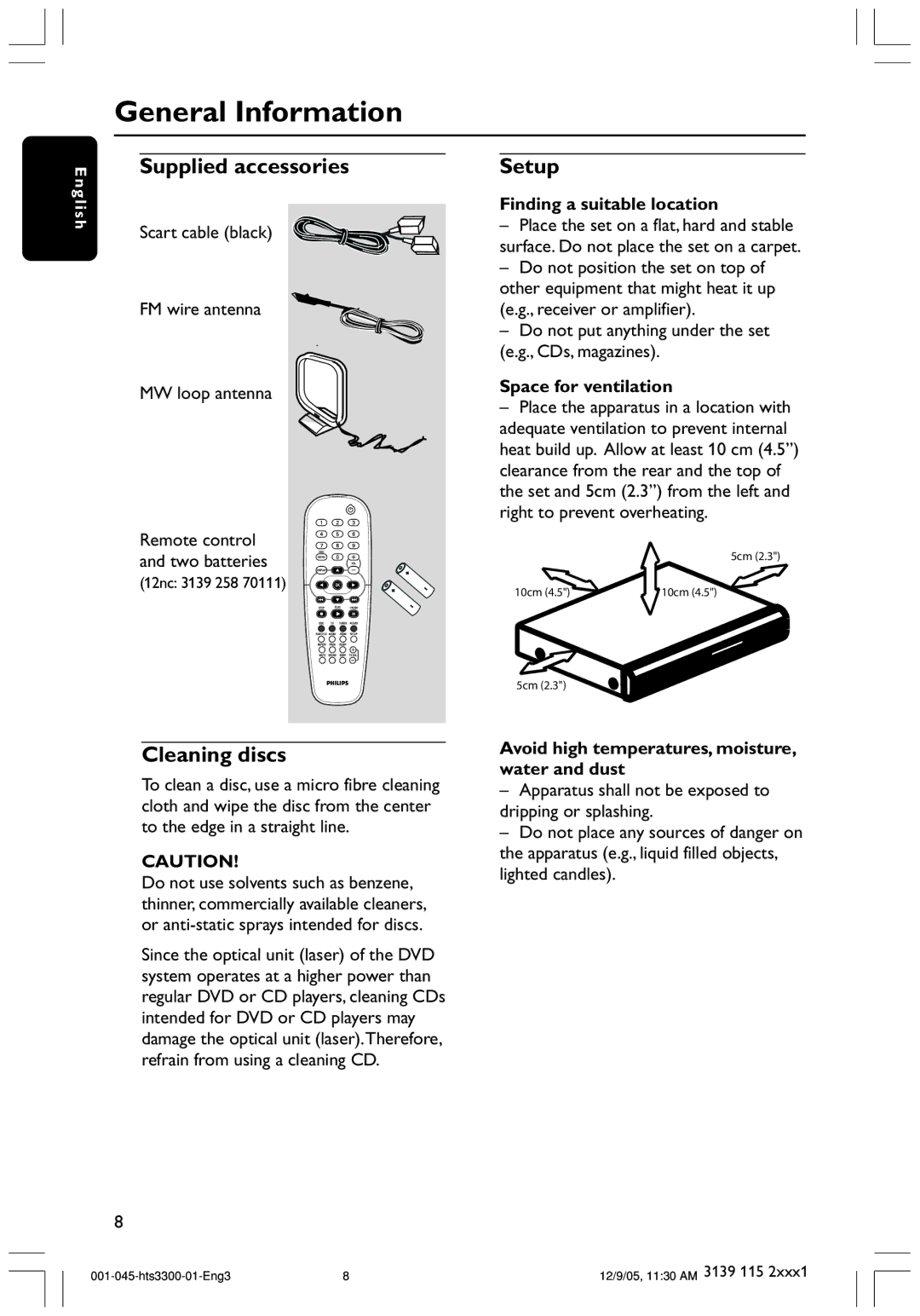 Philips HTS3300/51 user manual General Information, Supplied accessories, Setup, Cleaning discs 