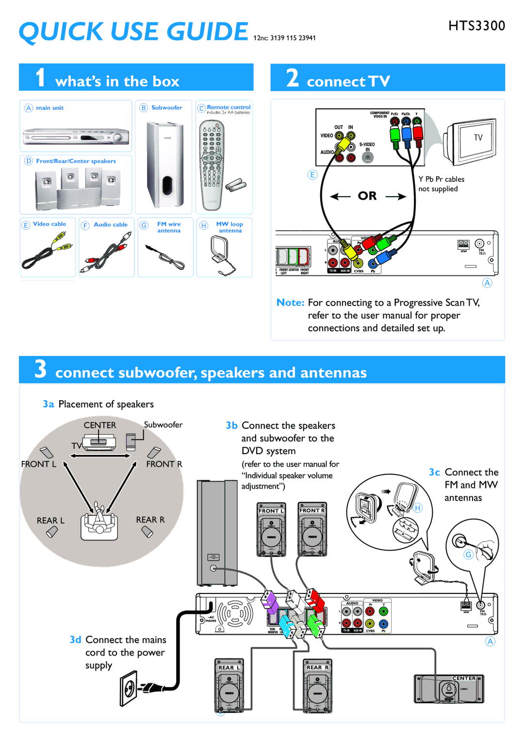 Philips HTS3300/55 user manual What’s in the box Connect TV, Connect subwoofer, speakers and antennas 