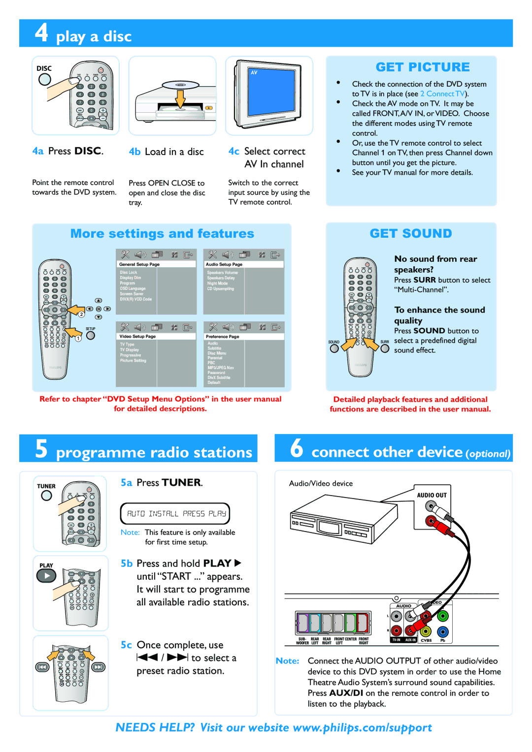 Philips HTS3300/55 user manual Play a disc, Programme radio stations, Connect other device optional 