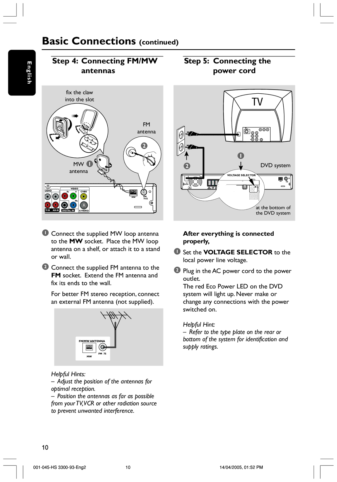 Philips HTS3300/93 user manual Connecting FM/MW antennas, Connecting the power cord 