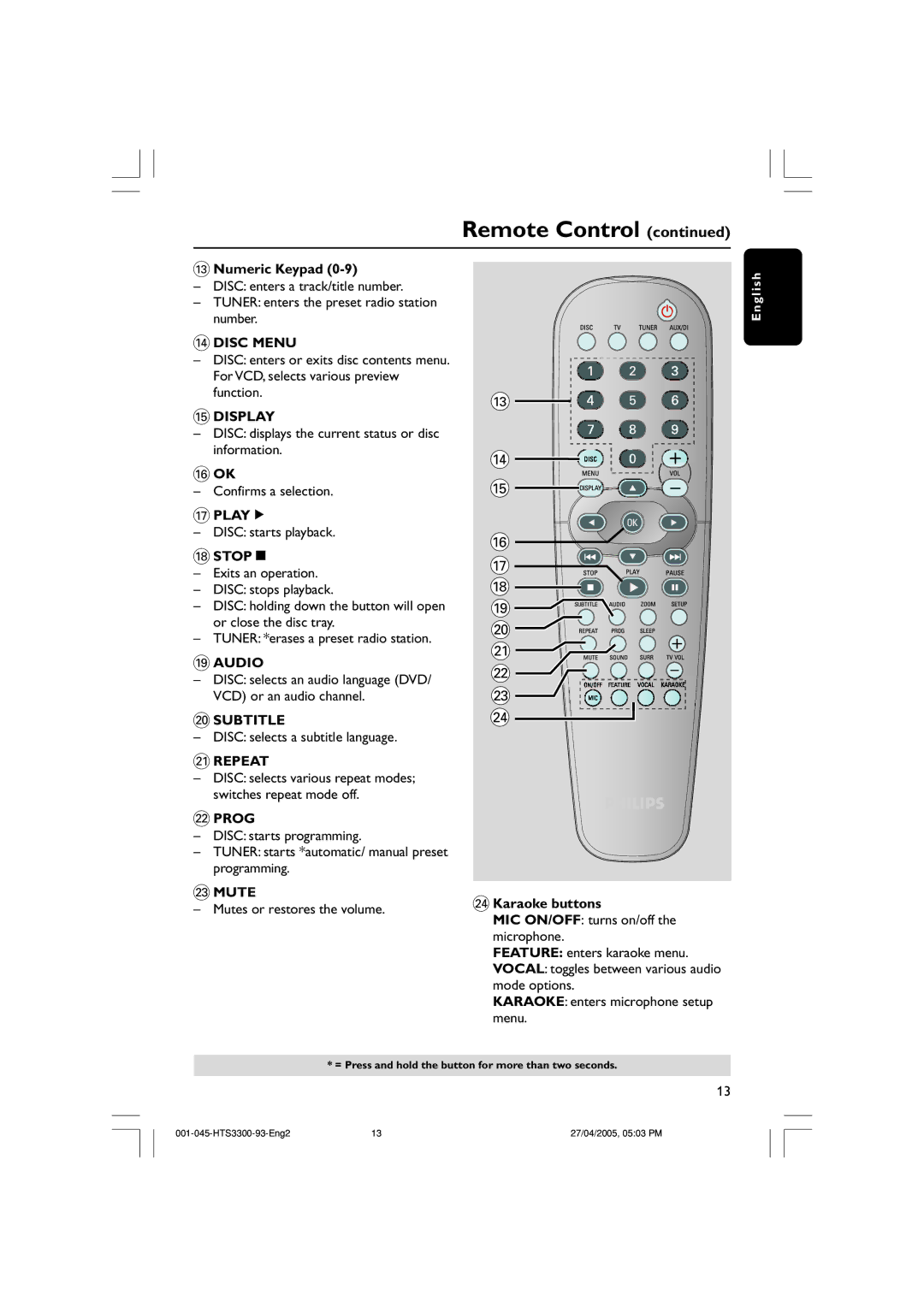 Philips HTS3300/93 user manual $ Disc Menu, Display, Playé, Stopç, Audio, Subtitle, ¡ Repeat, Prog, £ Mute 