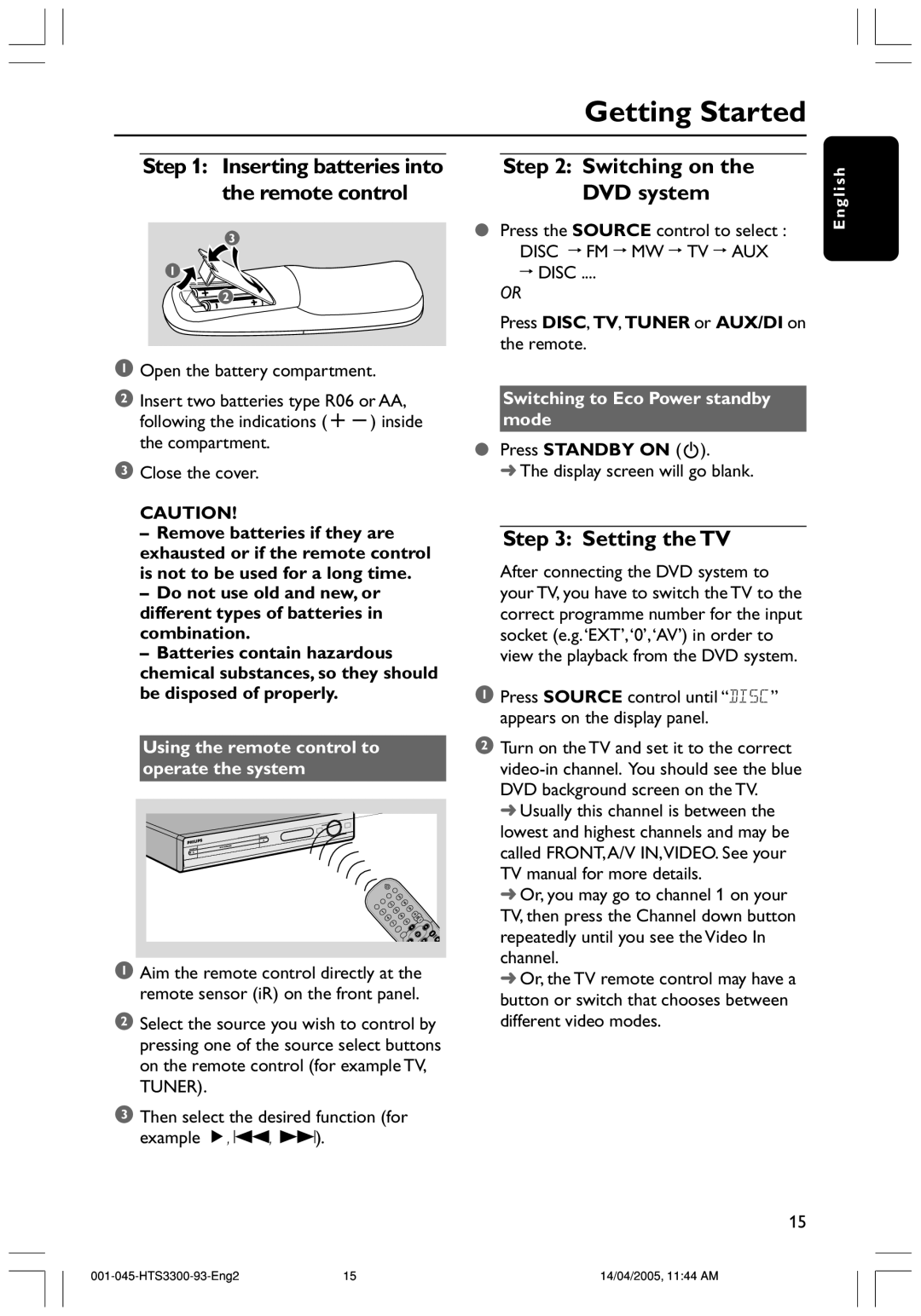 Philips HTS3300/93 Getting Started, Switching on the DVD system, Setting the TV, Switching to Eco Power standby mode 