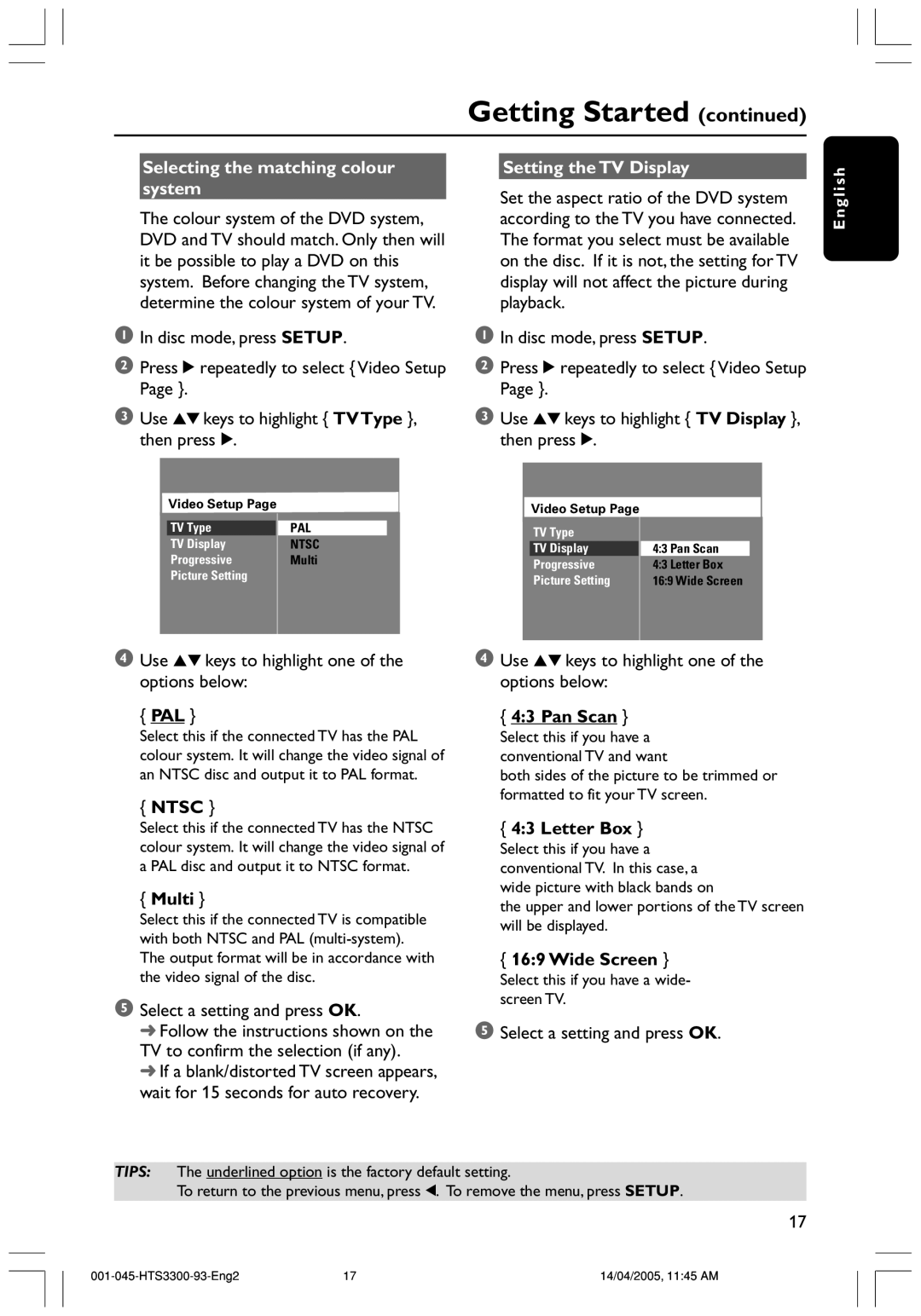 Philips HTS3300/93 user manual TV Display, Pal, Ntsc, Multi, Pan Scan, Letter Box, Wide Screen 