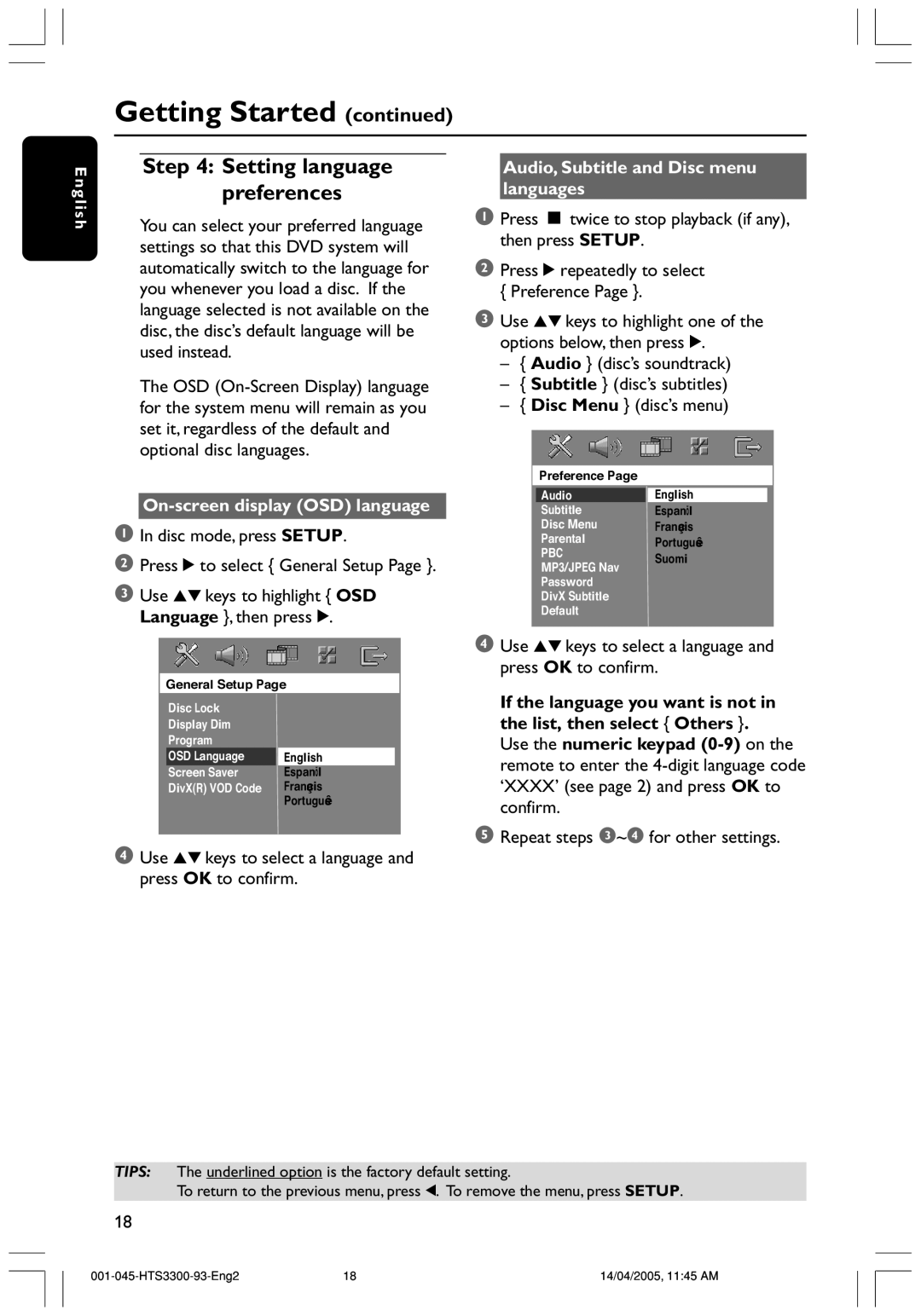 Philips HTS3300/93 user manual On-screen display OSD language, Audio, Subtitle and Disc menu languages 