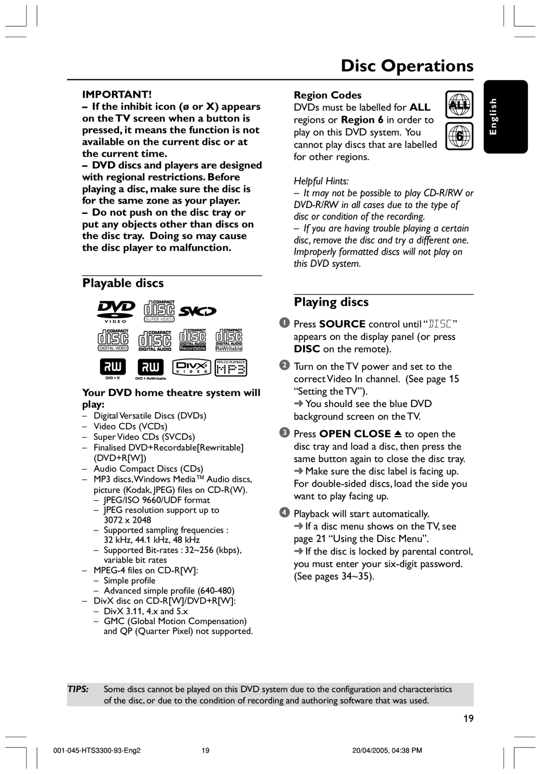 Philips HTS3300/93 user manual Disc Operations, Playable discs, Playing discs, All, Your DVD home theatre system will play 