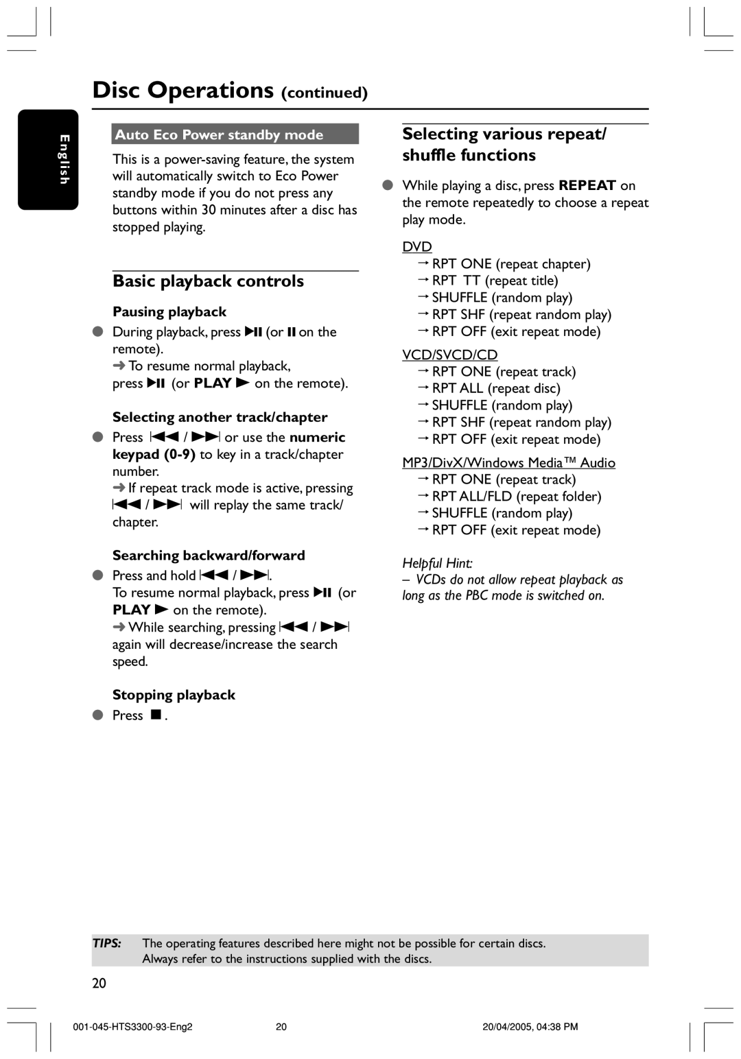 Philips HTS3300/93 Basic playback controls, Selecting various repeat/ shuffle functions, Auto Eco Power standby mode 