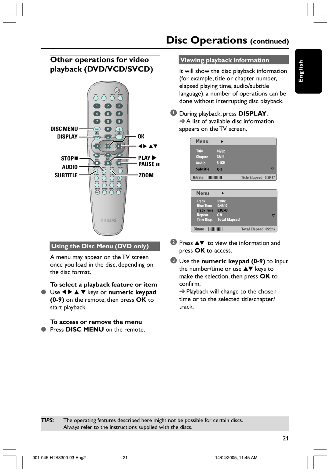 Philips HTS3300/93 user manual Other operations for video playback DVD/VCD/SVCD, Using the Disc Menu DVD only 