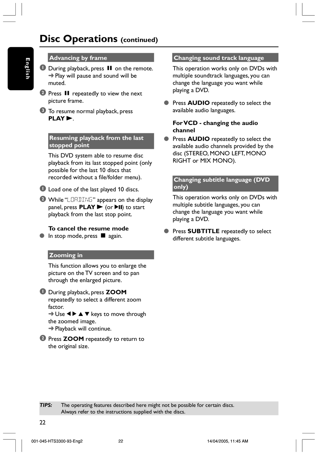 Philips HTS3300/93 user manual Play B 