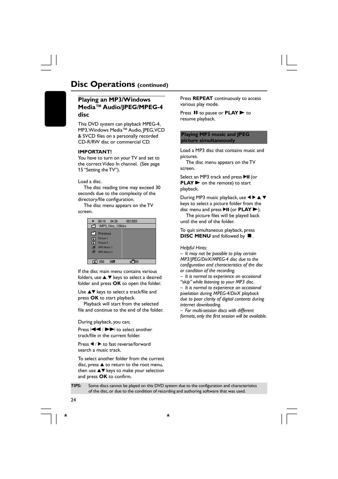 Philips HTS3300/93 user manual Playing an MP3/Windows Media Audio/JPEG/MPEG-4 disc, Disc menu appears on the TV screen 