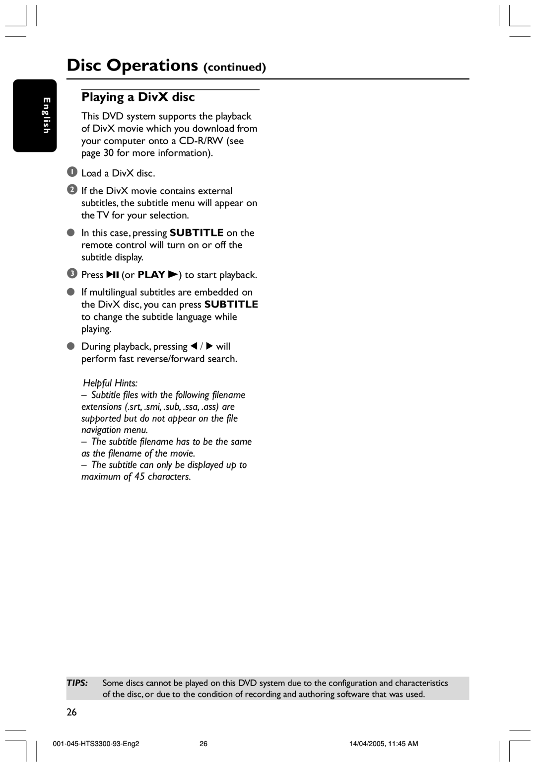 Philips HTS3300/93 user manual Playing a DivX disc 