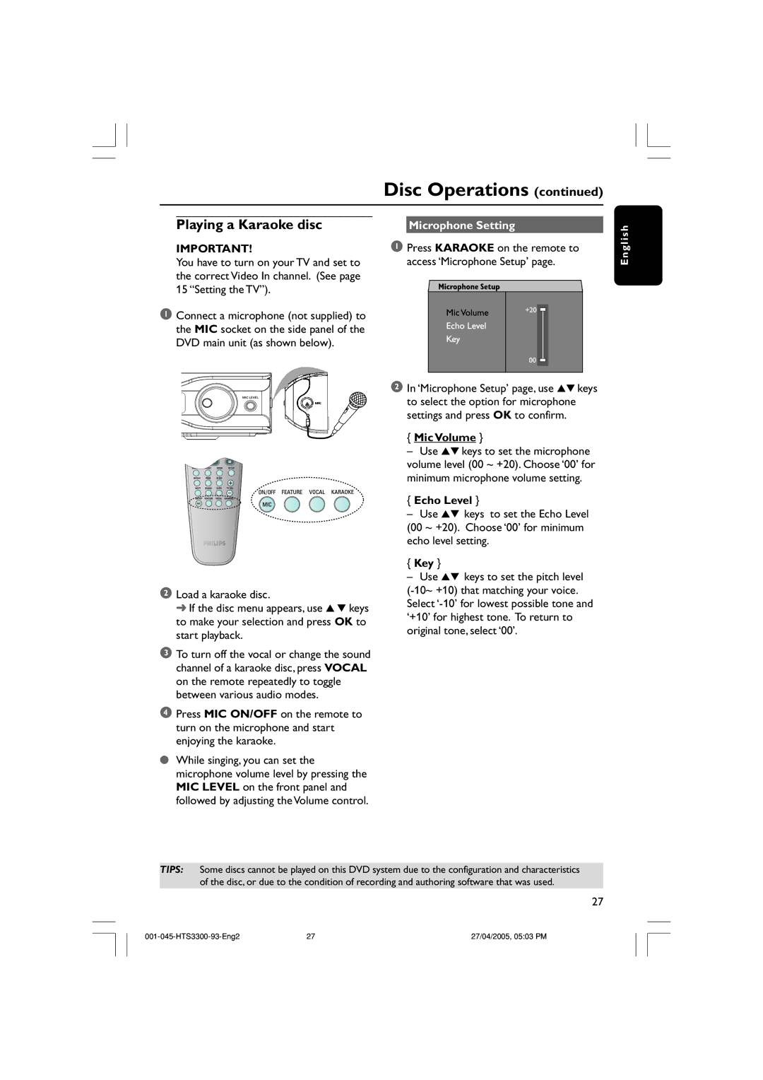 Philips HTS3300/93 user manual Playing a Karaoke disc, Microphone Setting, Mic Volume, Echo Level, Key 