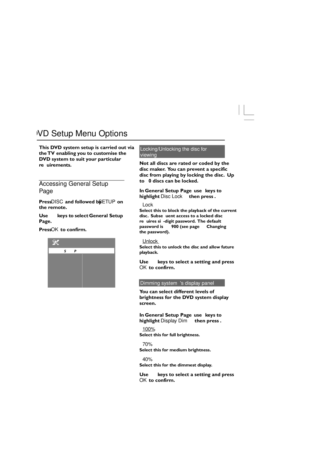 Philips HTS3300/93 user manual DVD Setup Menu Options, Accessing General Setup, Locking/Unlocking the disc for viewing 