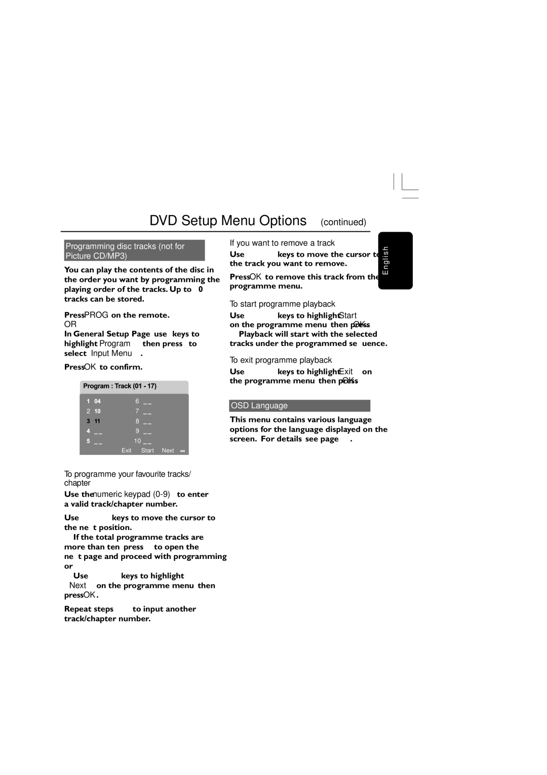 Philips HTS3300/93 user manual Programming disc tracks not for Picture CD/MP3, If you want to remove a track, OSD Language 