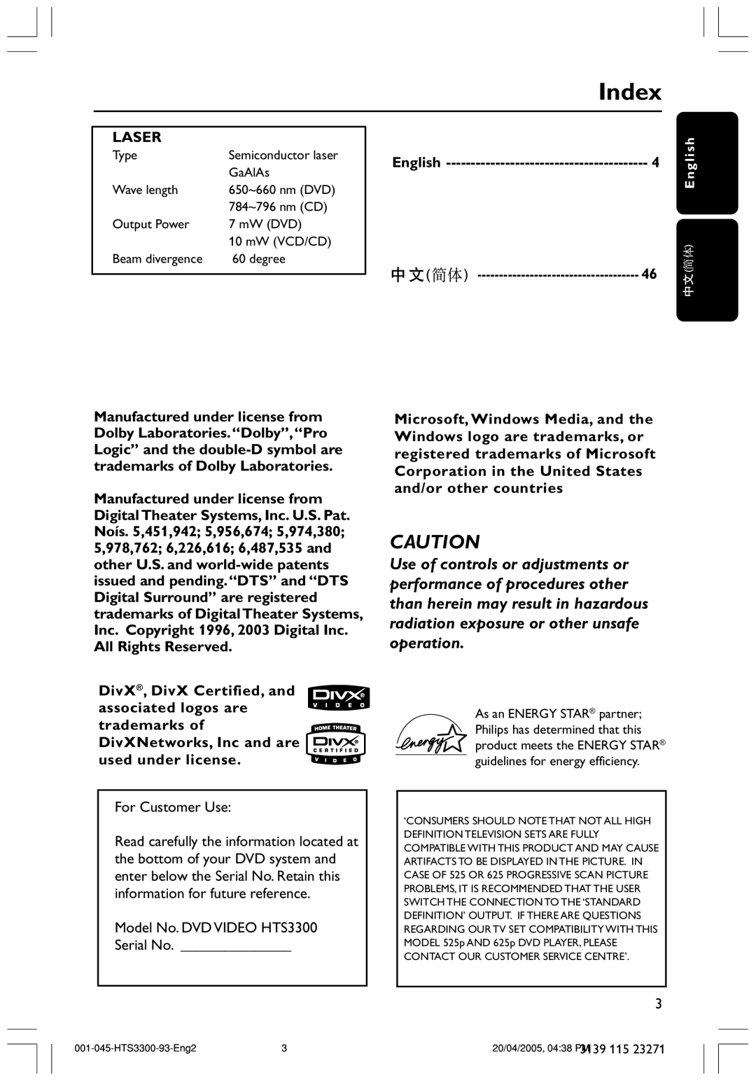 Philips HTS3300/93 user manual Index, Laser, English, For Customer Use 