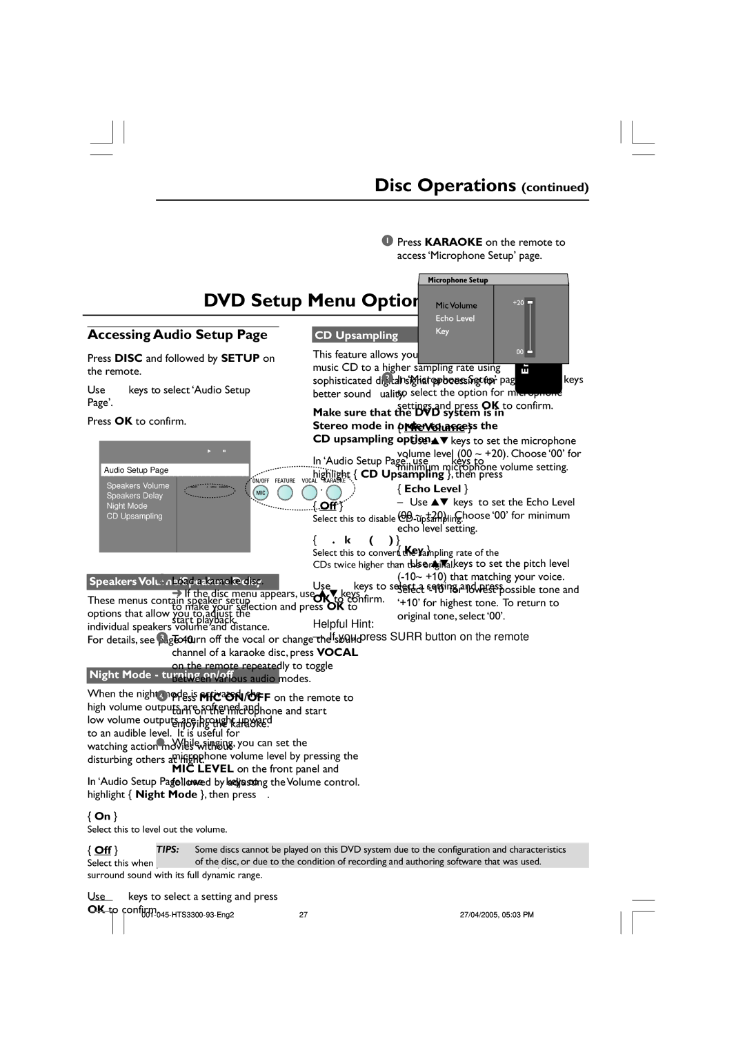 Philips HTS3300/93 user manual Accessing Audio Setup, CD Upsampling, 88.2 kHz, Speakers Volume/Speakers Delay 