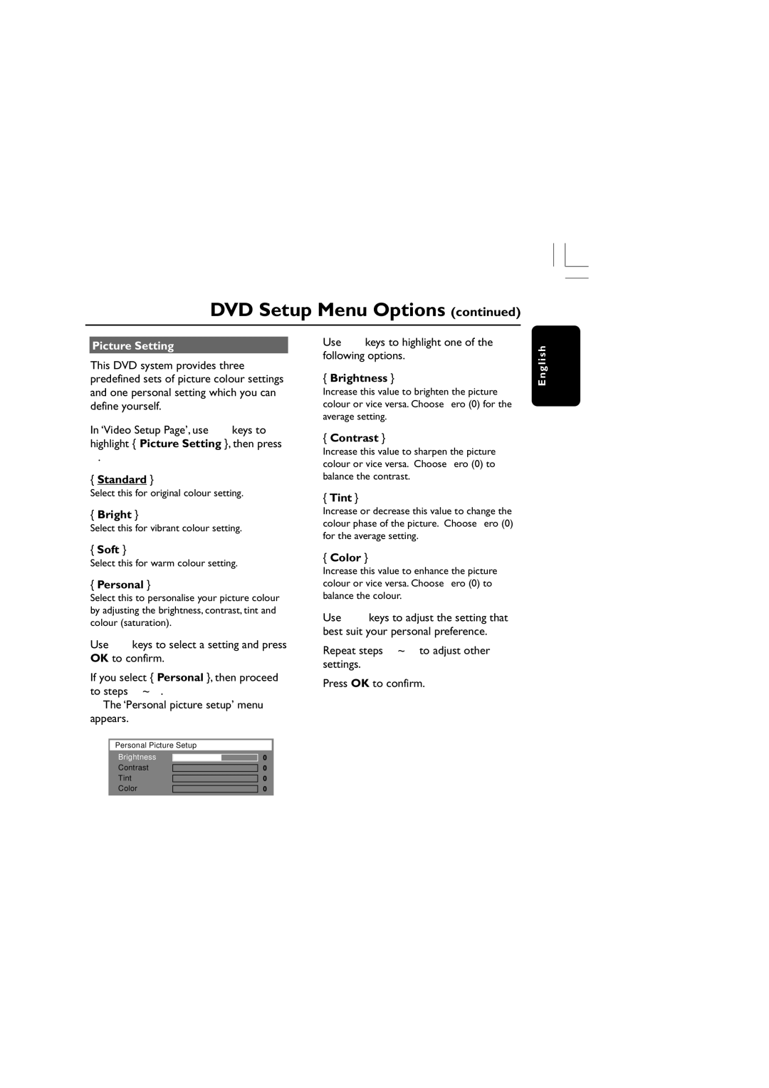 Philips HTS3300/93 user manual Picture Setting 