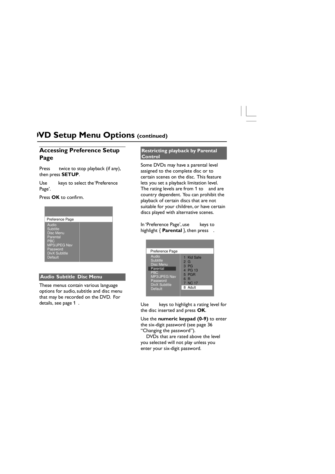 Philips HTS3300/93 Accessing Preference Setup, Audio, Subtitle, Disc Menu, Restricting playback by Parental Control 