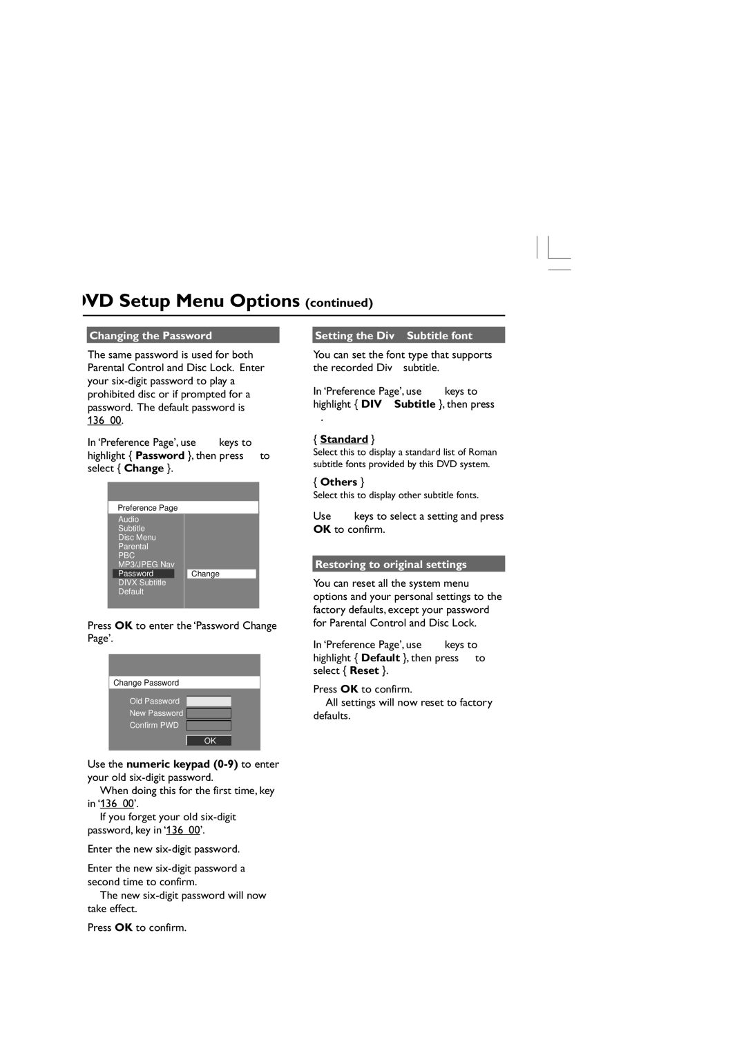 Philips HTS3300/93 user manual Changing the Password Setting the DivX Subtitle font, Others, Restoring to original settings 