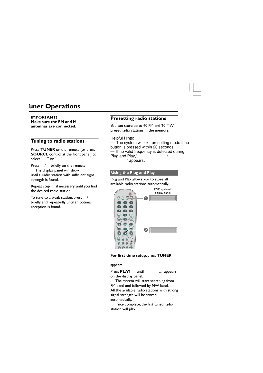 Philips HTS3300/93 Tuner Operations, Tuning to radio stations, Presetting radio stations, Using the Plug and Play 