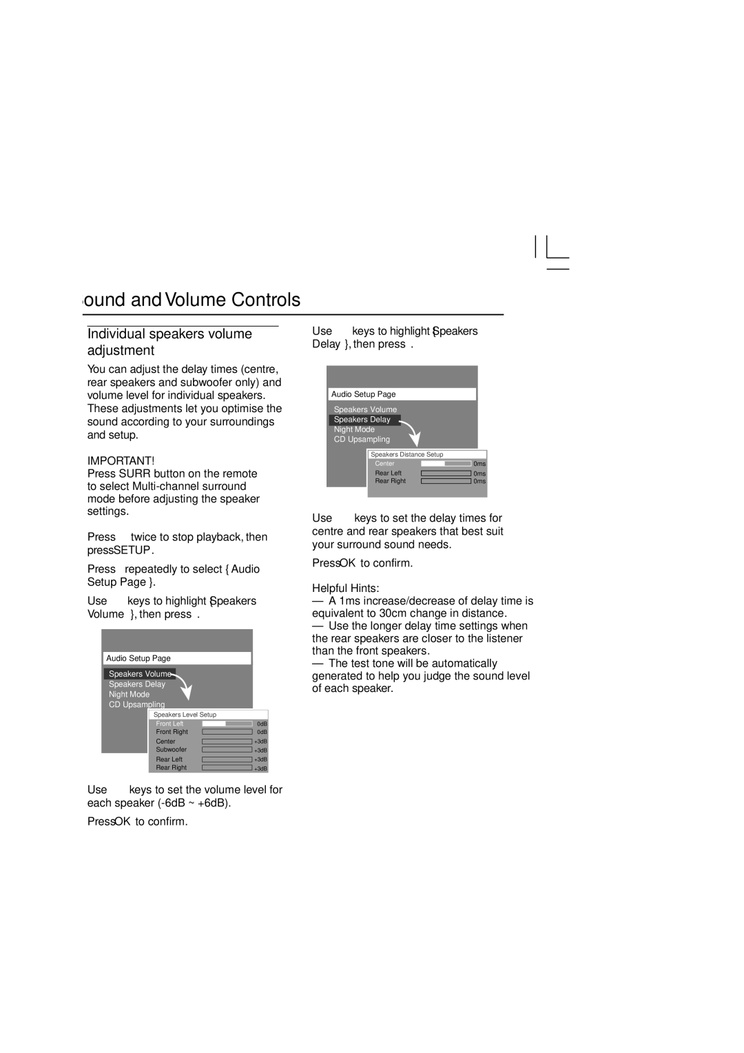 Philips HTS3300/93 user manual Sound and Volume Controls, Individual speakers volume adjustment 