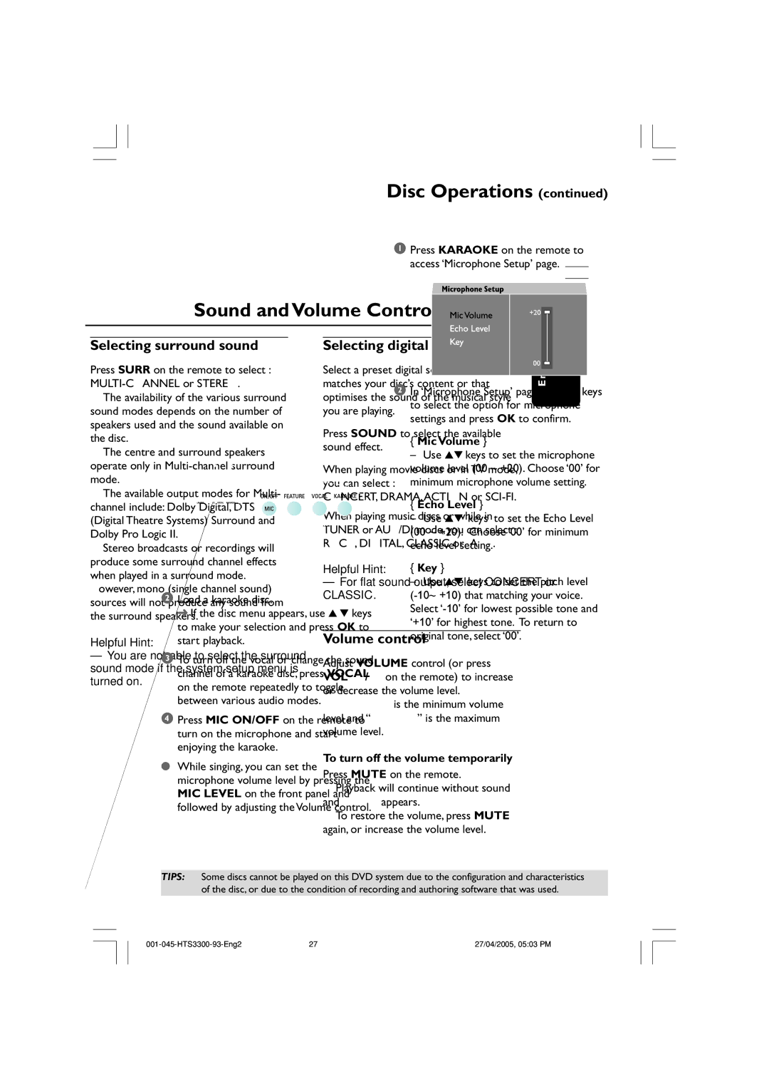 Philips HTS3300/93 user manual Selecting surround sound, Selecting digital sound effects, Volume control 