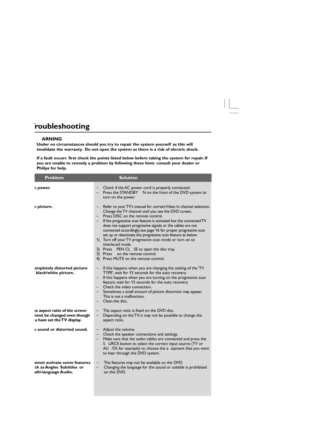 Philips HTS3300/93 user manual Troubleshooting, Problem, Solution 