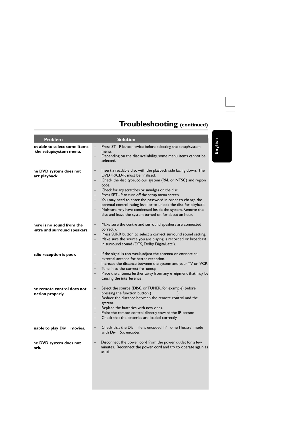 Philips HTS3300/93 user manual DVD system does not start playback 