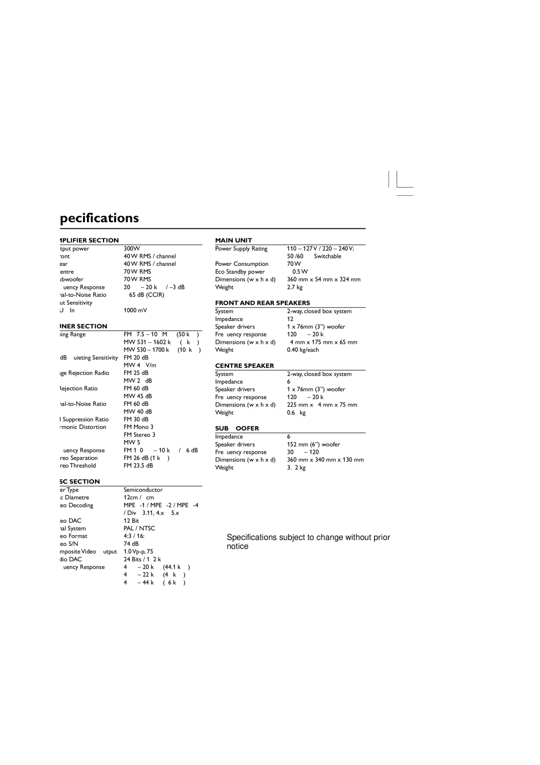 Philips HTS3300/93 user manual Specifications, Amplifier Section 