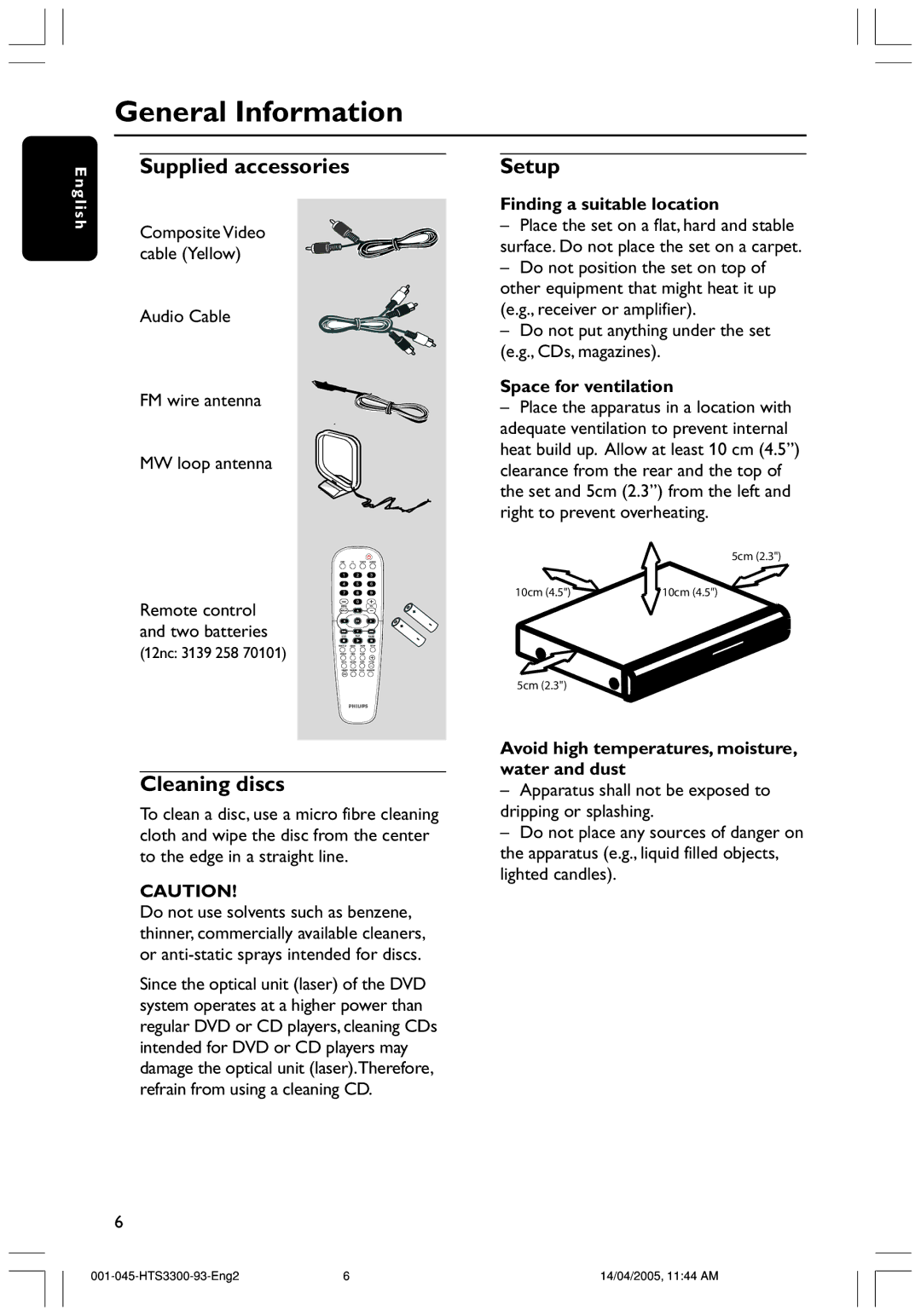 Philips HTS3300/93 user manual General Information, Supplied accessories, Cleaning discs, Setup 