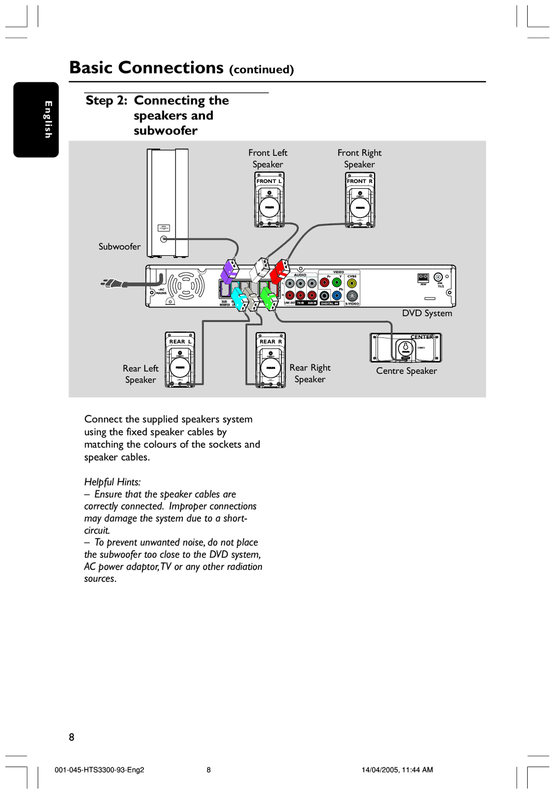 Philips HTS3300/93 user manual Connecting the speakers and subwoofer 