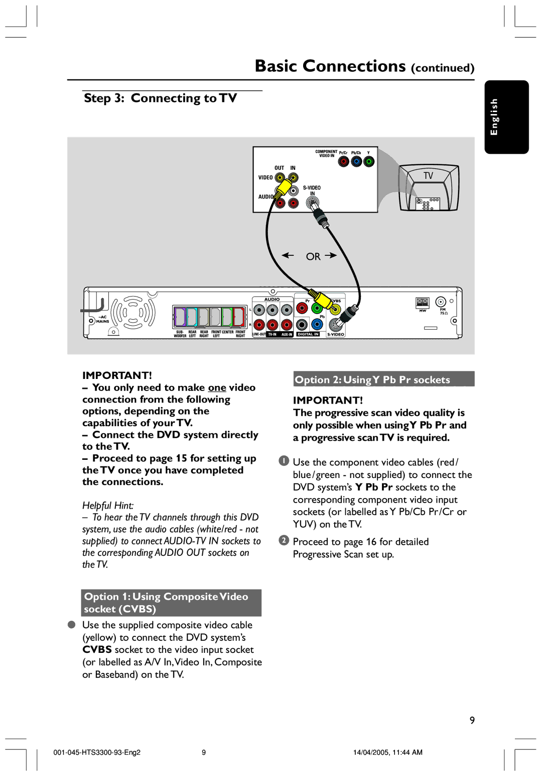 Philips HTS3300/93 user manual Connecting to TV, Option 1 Using Composite Video socket Cvbs, Option 2 Using Y Pb Pr sockets 