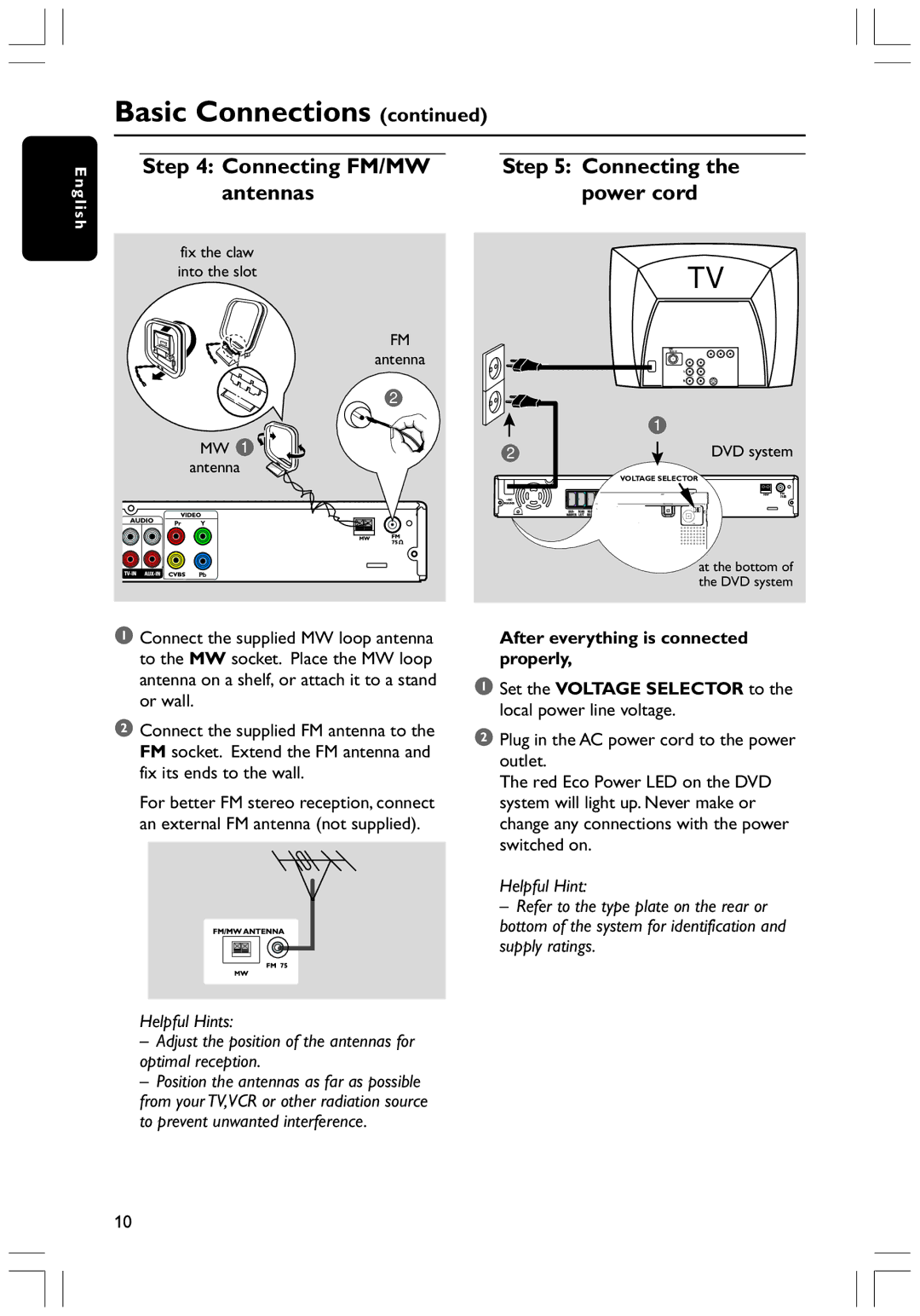 Philips HTS3300K/51 user manual Connecting FM/MW antennas, Connecting the power cord, Antenna MW 1 antenna 