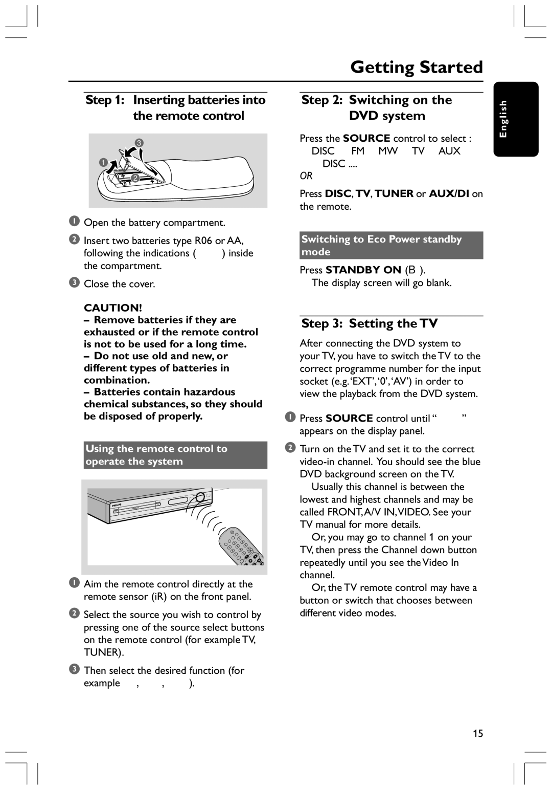 Philips HTS3300K/51 Getting Started, Switching on the DVD system, Setting the TV, Switching to Eco Power standby mode 