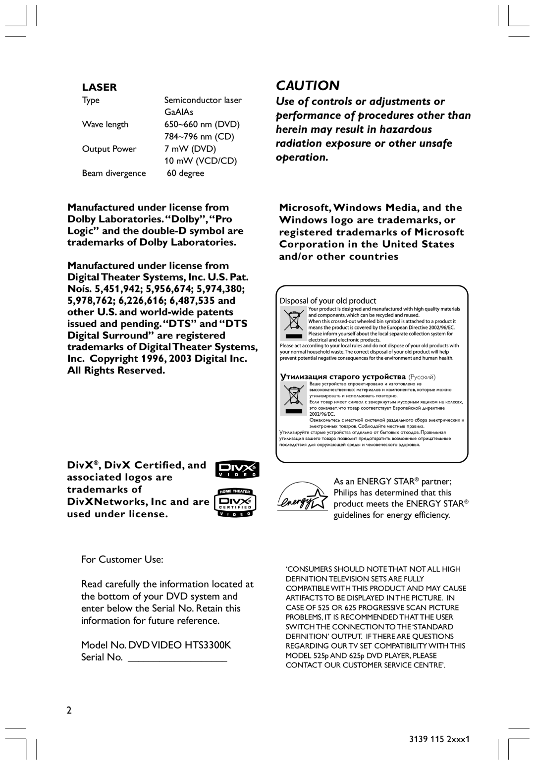 Philips HTS3300K/51 user manual For Customer Use 