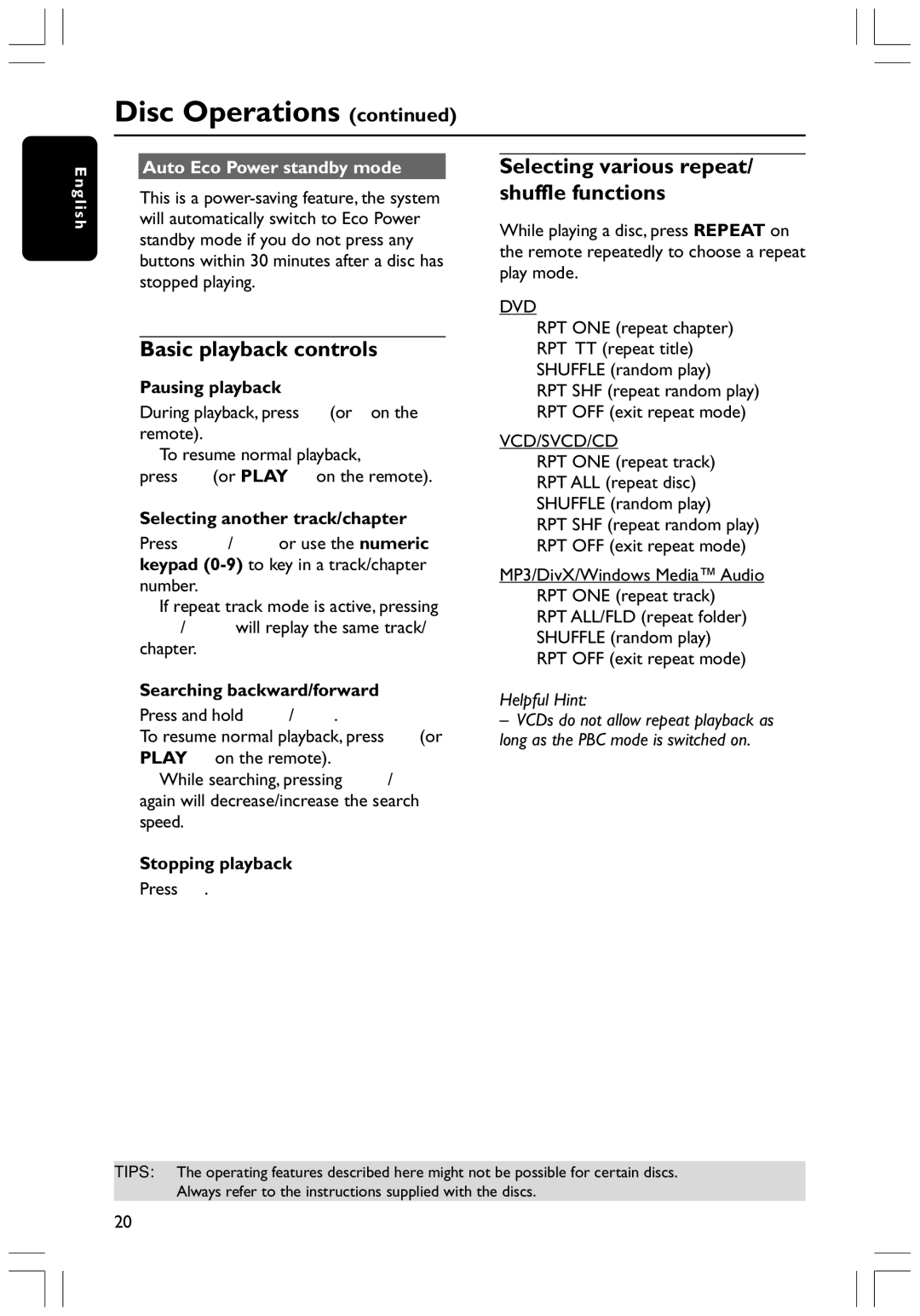 Philips HTS3300K Basic playback controls, Selecting various repeat/ shuffle functions, Auto Eco Power standby mode 