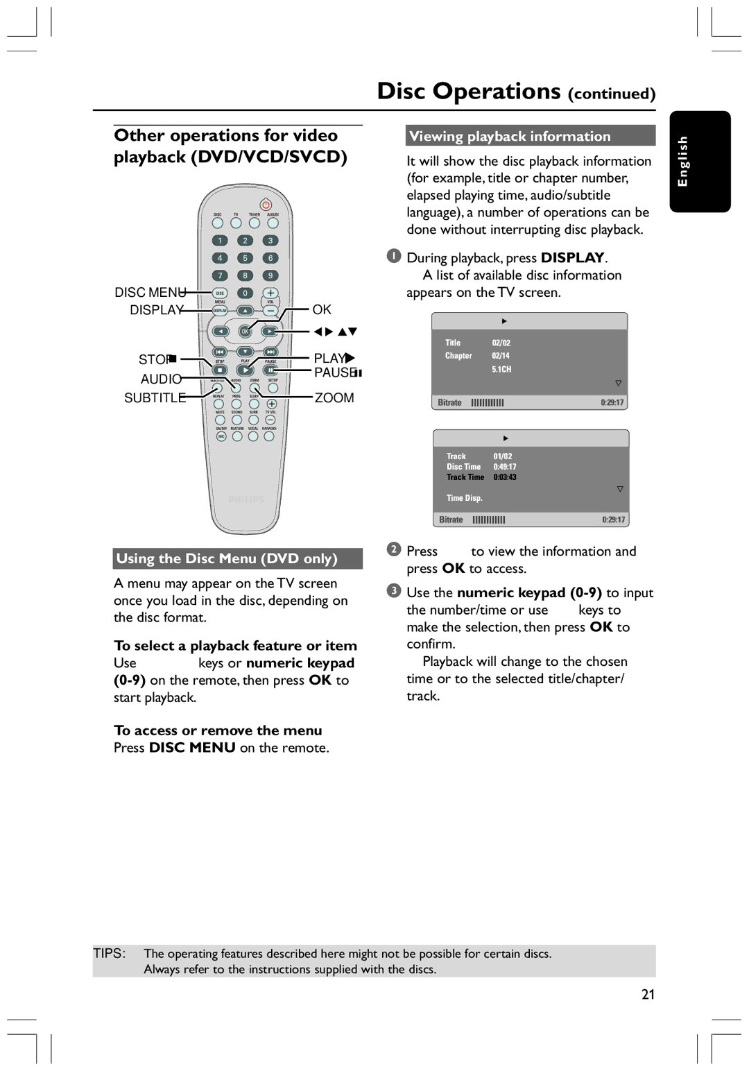 Philips HTS3300K/51 user manual Other operations for video playback DVD/VCD/SVCD, Using the Disc Menu DVD only 