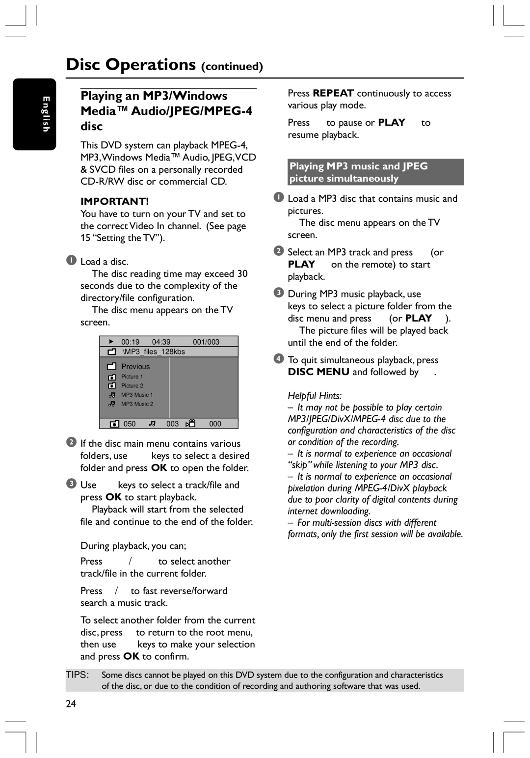 Philips HTS3300K/51 user manual Playing an MP3/Windows Media Audio/JPEG/MPEG-4 disc, Disc menu appears on the TV screen 