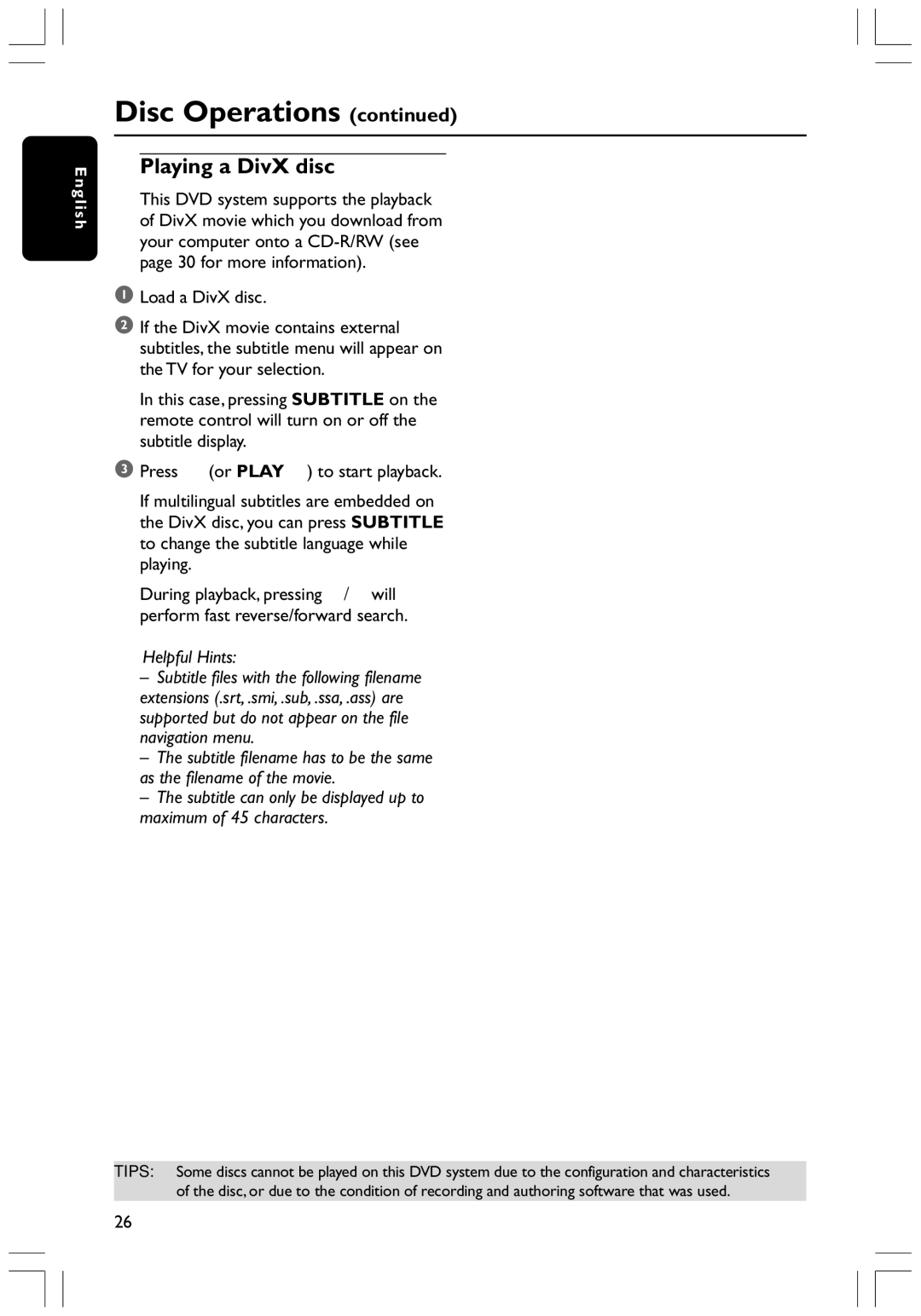 Philips HTS3300K/51 user manual Playing a DivX disc 