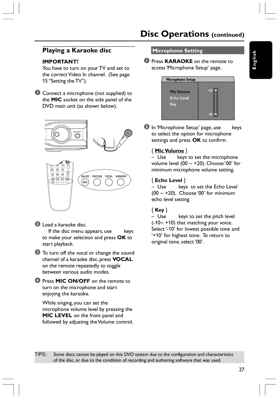 Philips HTS3300K/51 user manual Playing a Karaoke disc, Microphone Setting, Mic Volume, Echo Level, Key 