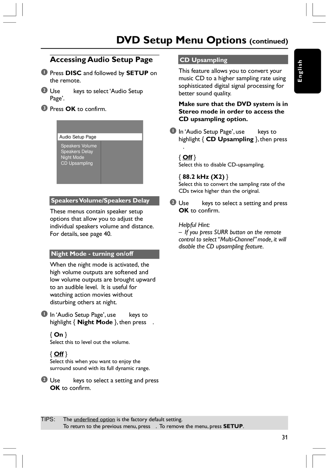 Philips HTS3300K/51 user manual Accessing Audio Setup, CD Upsampling, 88.2 kHz, Speakers Volume/Speakers Delay 