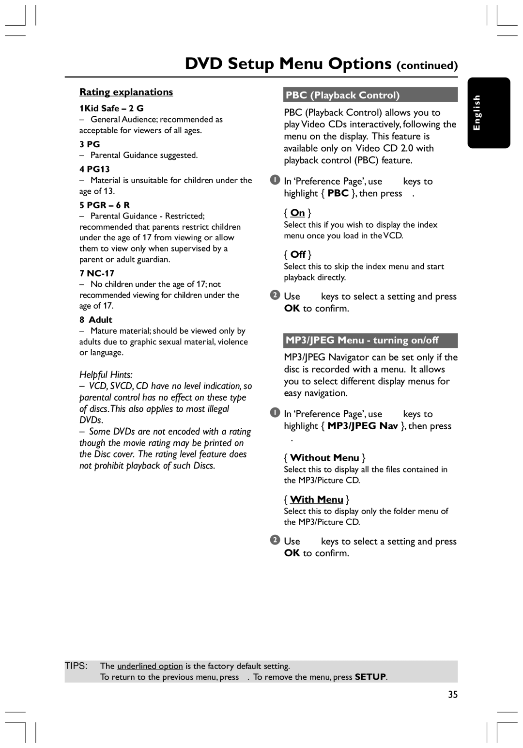 Philips HTS3300K/51 Rating explanations, PBC Playback Control, MP3/JPEG Menu turning on/off, Without Menu, With Menu 