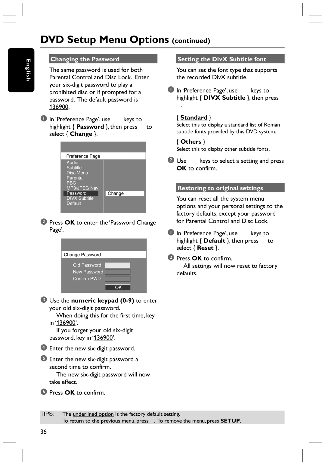 Philips HTS3300K/51 Changing the Password Setting the DivX Subtitle font, Others, Restoring to original settings 