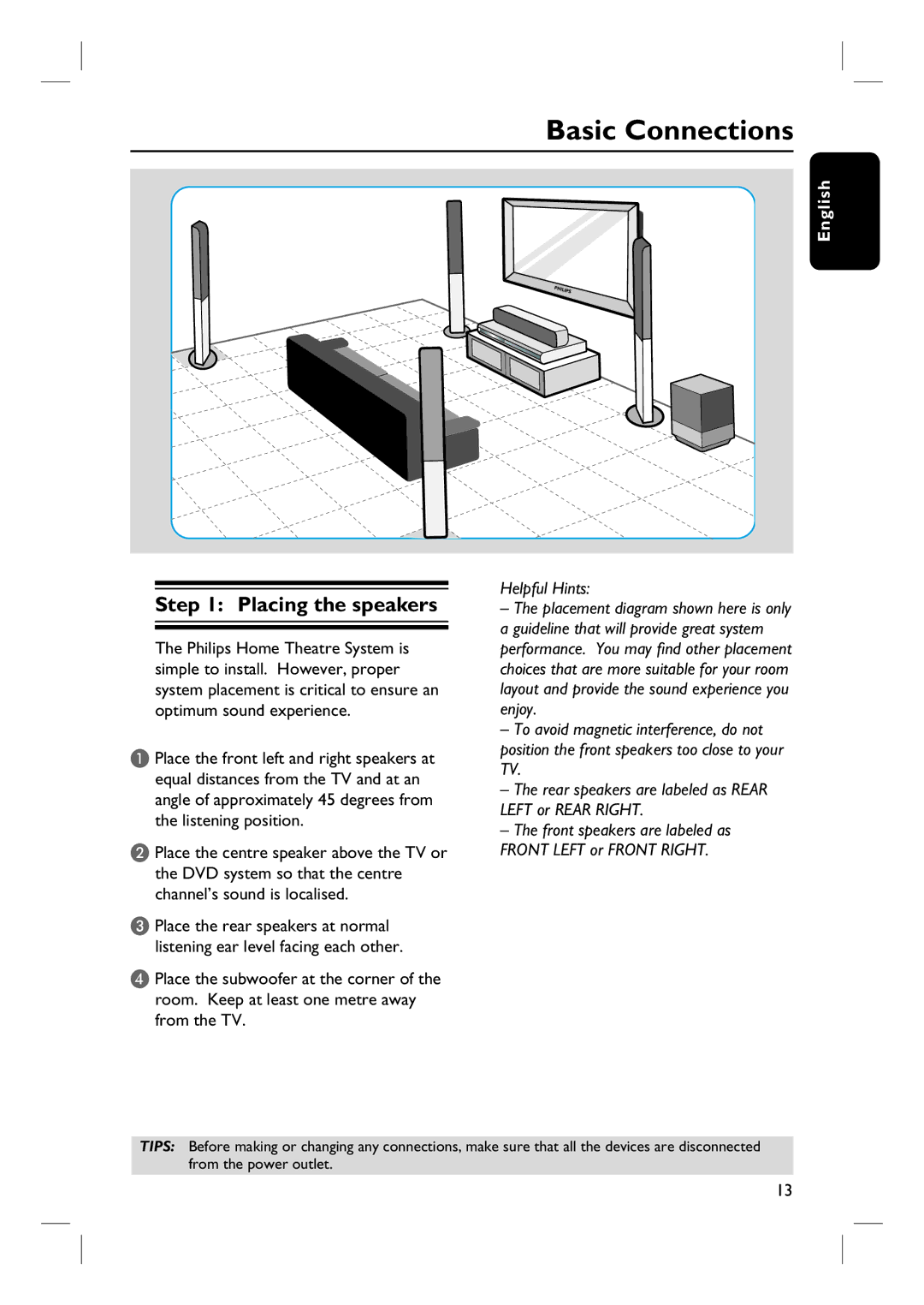 Philips HTS3320/51 user manual Basic Connections, Placing the speakers 