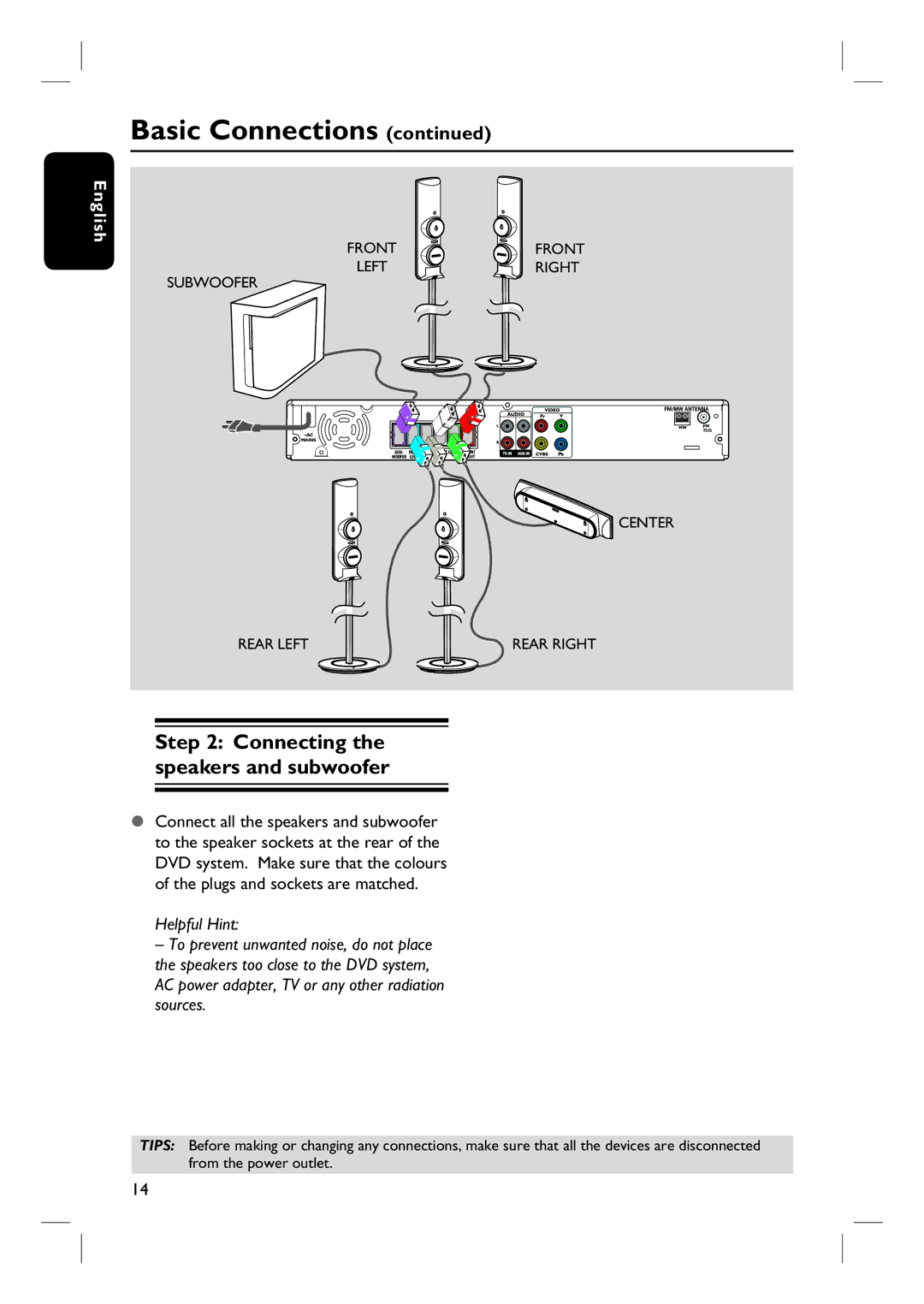 Philips HTS3320/51 user manual Connecting the speakers and subwoofer 