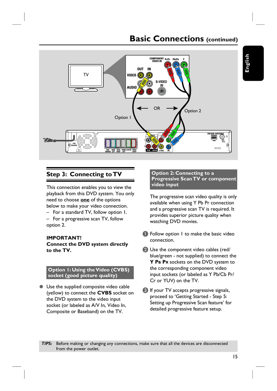 Philips HTS3320/51 user manual Connecting to TV, Connect the DVD system directly to the TV 