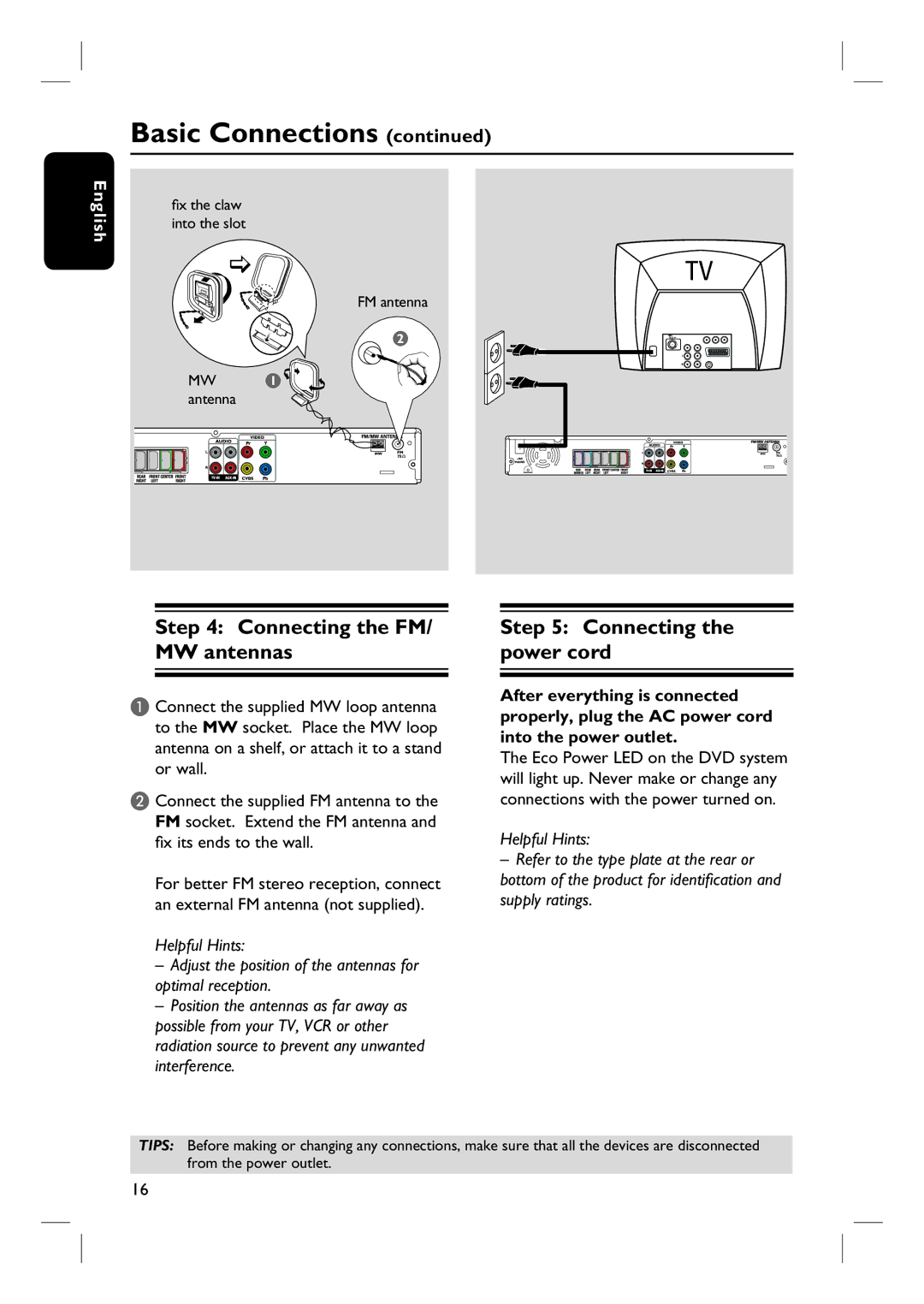 Philips HTS3320/51 user manual Connecting the FM/ MW antennas, Connecting the power cord 