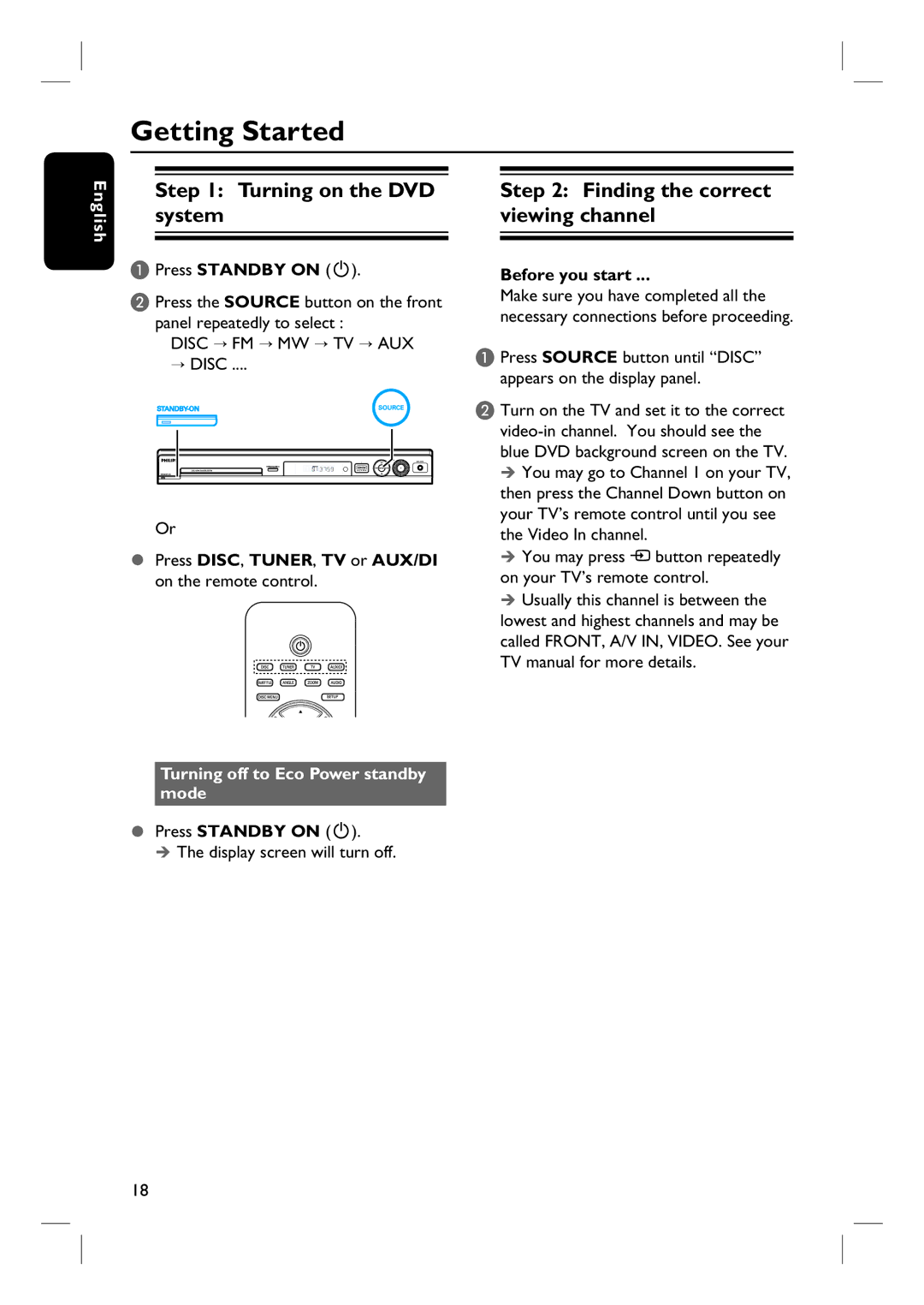 Philips HTS3320/51 user manual Getting Started, Turning on the DVD system, Finding the correct viewing channel 