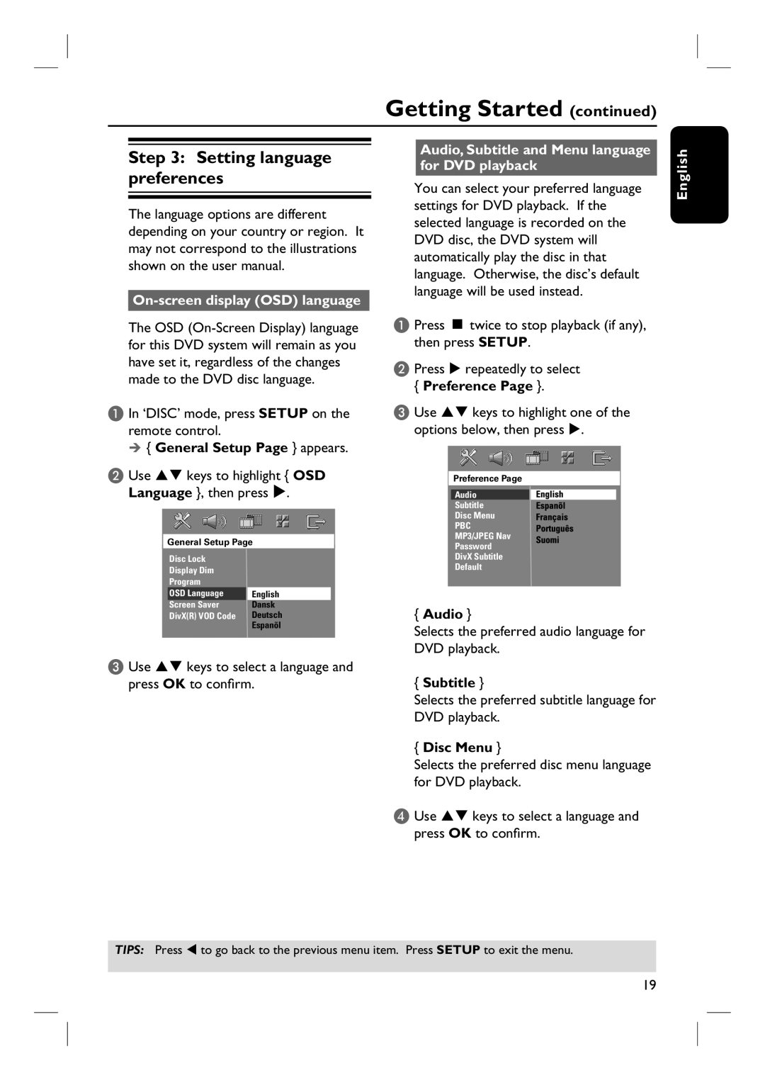 Philips HTS3320/51 Setting language preferences, On-screen display OSD language, General Setup Page appears, Preference 